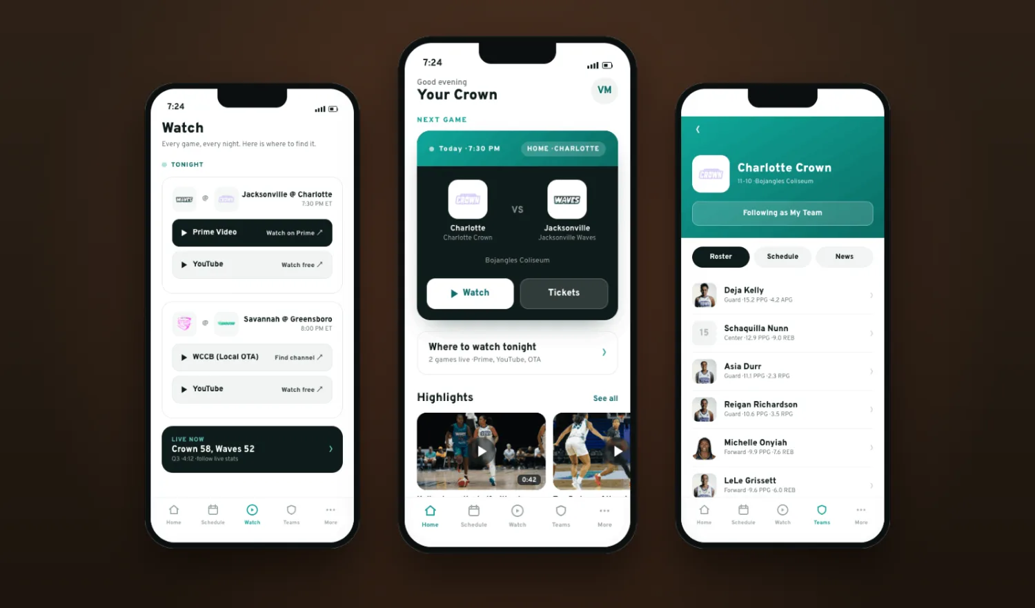 UPSHOT League app: Home, Watch, and Teams screens